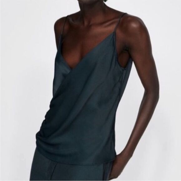 ZARA | NEW Forest Green Faux Wrap Button Side Sleeveless Top Women’s Size Large - Picture 2 of 11